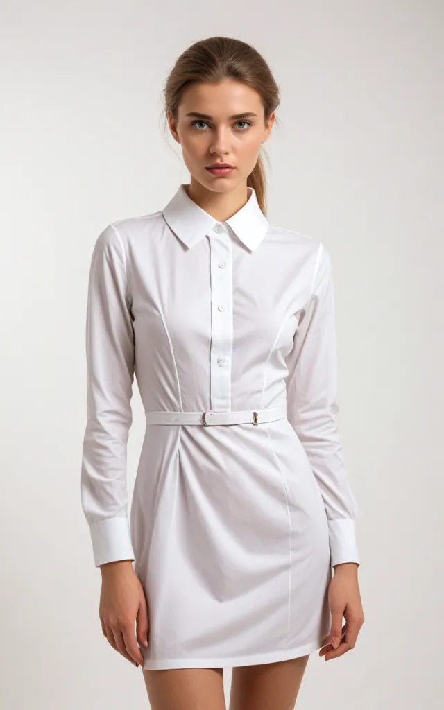 A European female model wearing a dress with a Spread collar, white background, bust portrait